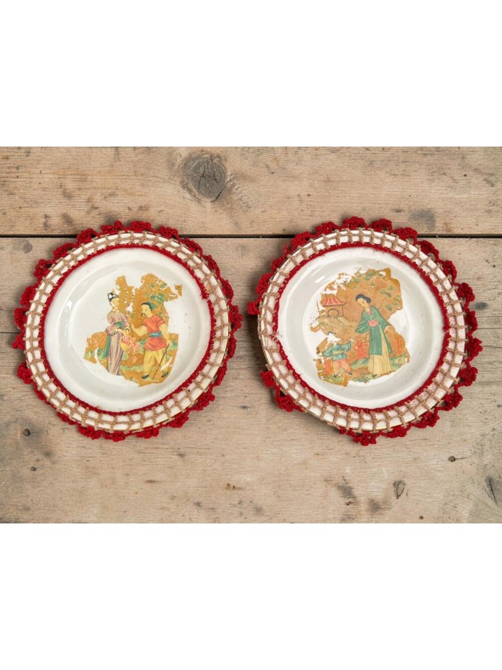 Edwin M. Knowles Set Of 2 Hand-Painted Plates With Red Crochet Trim & Asian-Insp